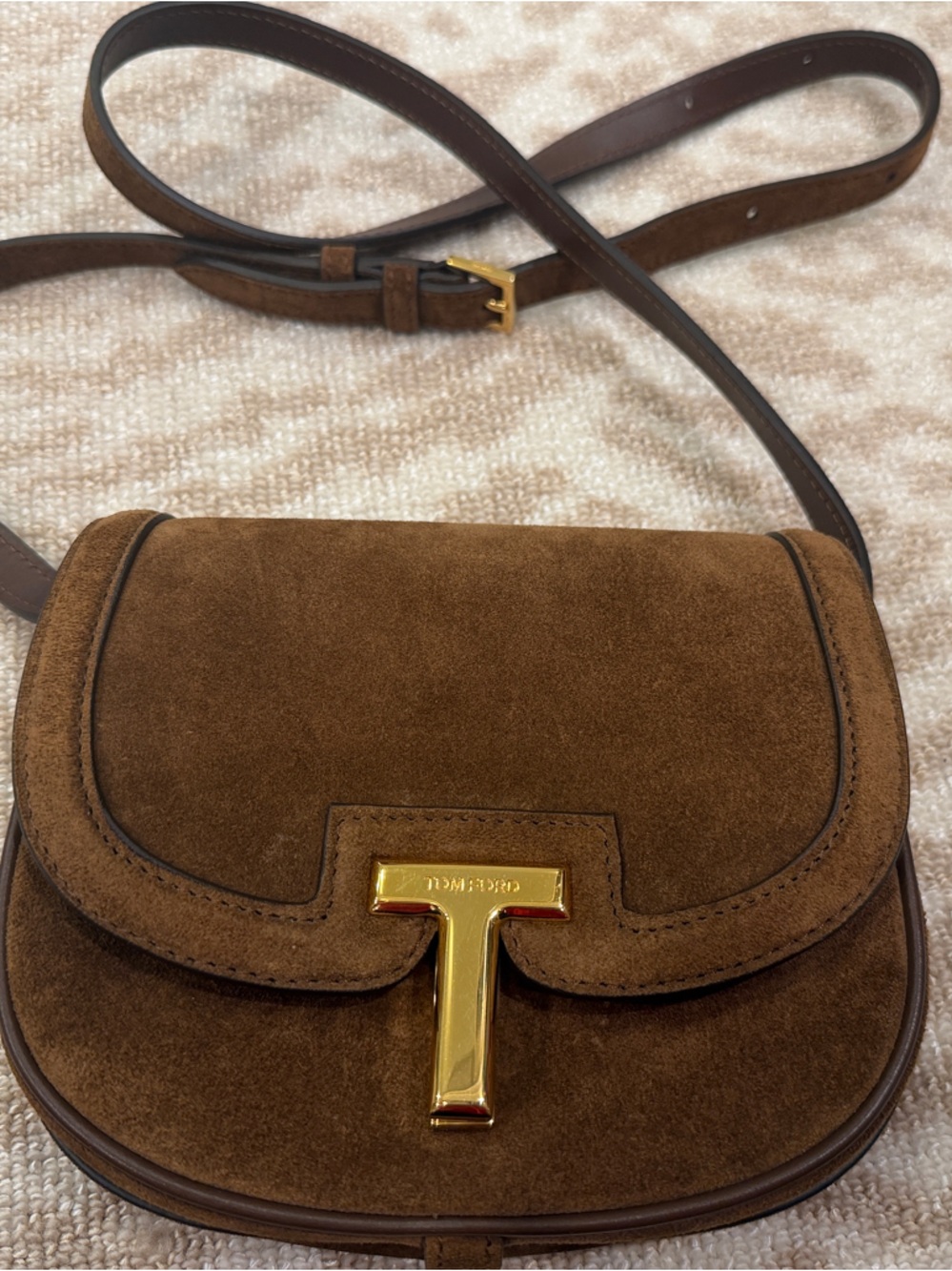 Tom Ford Wallis Brown Suede Crossbody with Gold T-Clasp